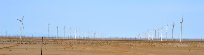 Hundreds of wind turbines on the horizon.